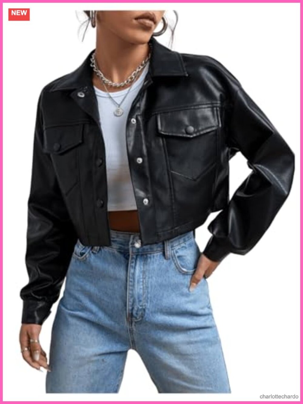 Women's Cropped Faux Leather Moto Biker Jacket Button Down